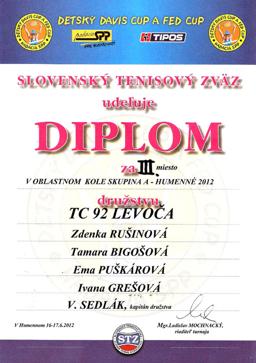 Diplom za 3. miesto družstvu TC 92 Levoča