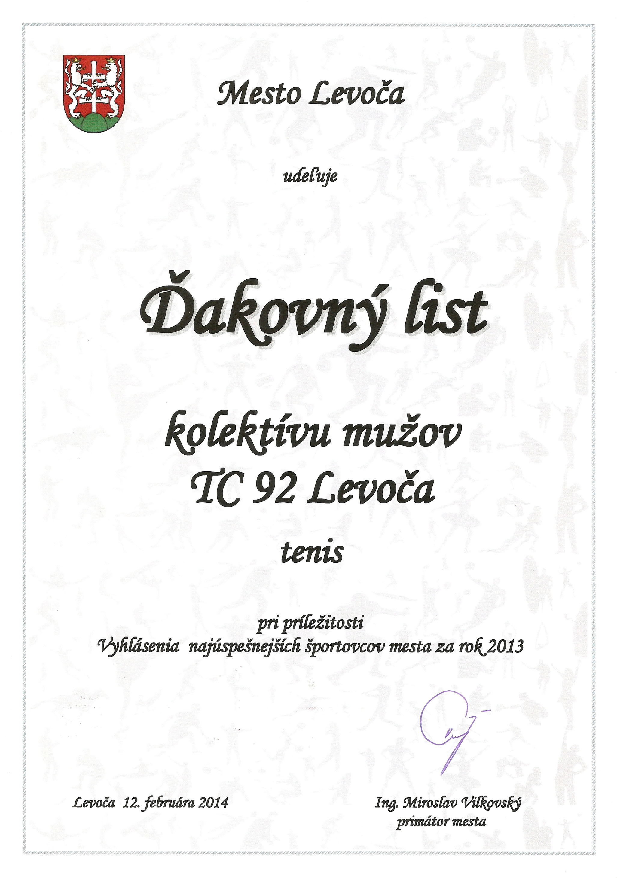 Ďakovný list - družstvo mužov